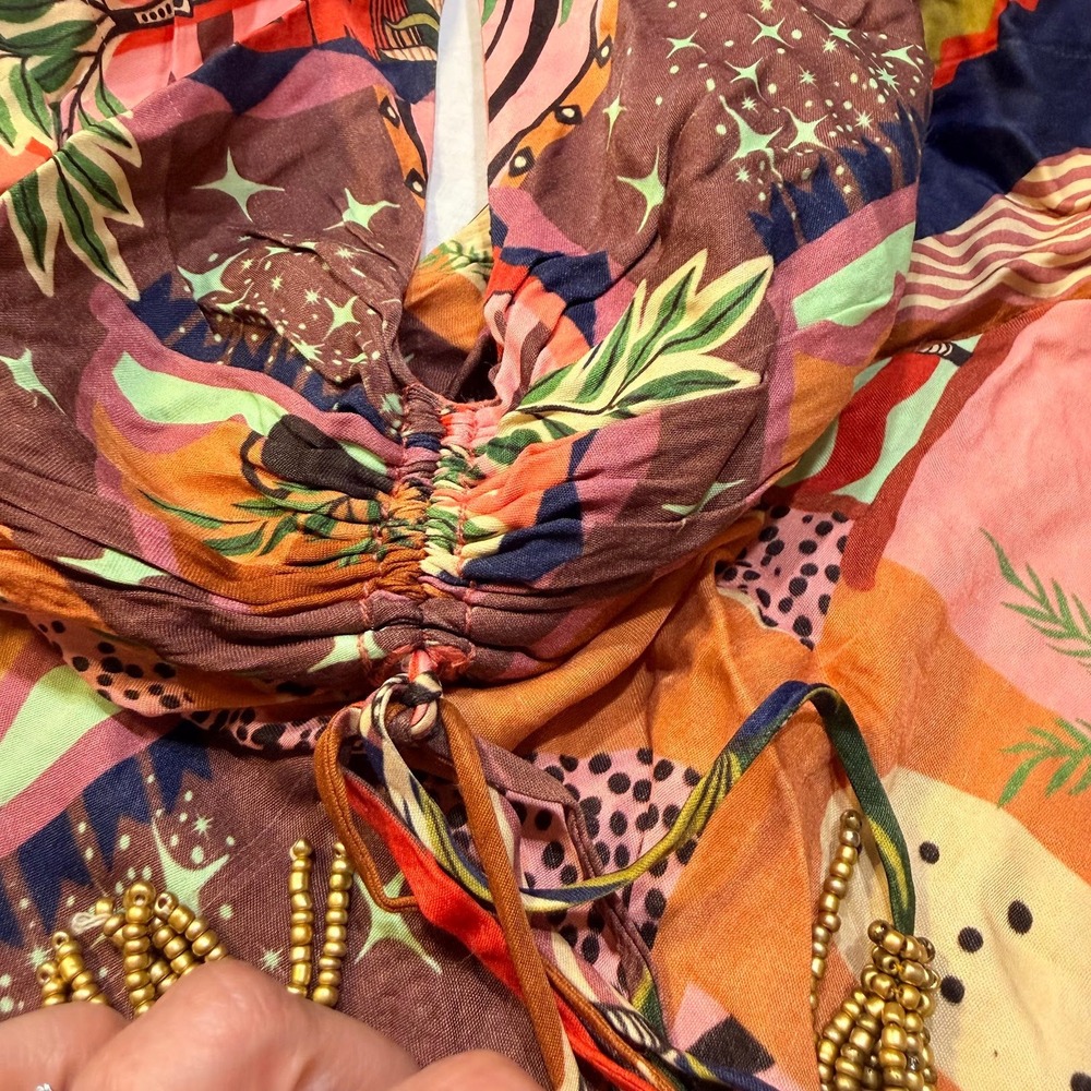 Farm Rio Dress Mixed Tropical Patchwork Midi Mystic City Beaded Tassels Orange L - Picture 7 of 10